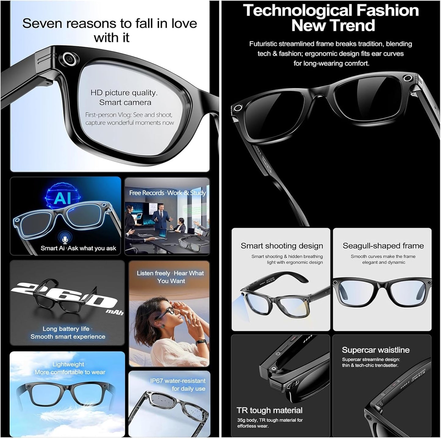 AI Smart Camera Glasses with 8MP Camera and Speaker for 4k Video