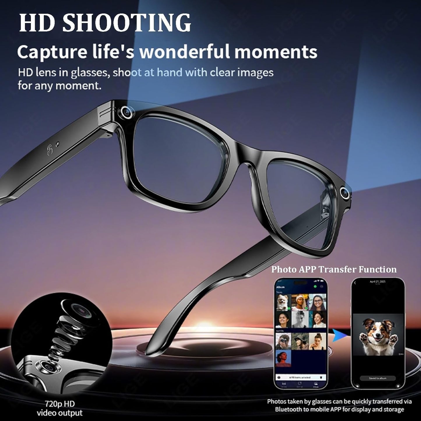 AI Smart Camera Glasses with 8MP Camera and Speaker for 4k Video